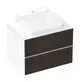 Waschtischunterschrank in Mattweiß mit zwei Schubladen und einem Aufsatzwaschtisch. Design von Hansgrohe, modernes und funktionales Möbelstück für das Badezimmer.